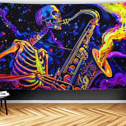 Blacklight Skull Tapestry Headphones Music Poster Tapestry Wall Decoration Wall Hanging40x60inch