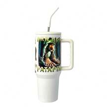 40oz/1200ml Taza de acero inoxidable con diseño interesante, termo con patrón divertido, taza de gran capacidad con asa y pajita: ¡perfecta para regalar en Navidad y para uso personal! - Blanco - Ver 9