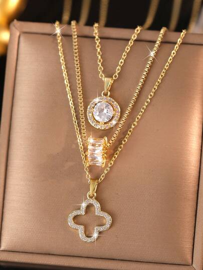 Set de 3 collares elegantes y lujosos con forma geométrica redonda, con incrustaciones de circonita cúbica, diseño de colgante de trébol de cuatro hojas, ideal como regalo para amigos, joyería para bodas y eventos, y uso diario