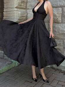 Unadoll Women's Winter Sexy Bareback Hanging Neck Collar Strap 3D Jacquard Fabric Elegant Dress, Suitable For Dinner, Date, School Start, Cocktail Party, Wedding Event, Christmas, Thanksgiving