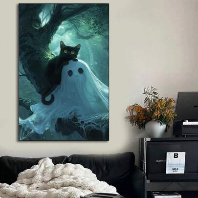 Spooky Black Cat And Ghost Oil Painting Style Poster - Framed Canvas Wall Art For Home And Bar Decoration, Unique Spooky Forest Theme, Ideal Gift For Halloween Enthusiasts - 1pc,