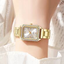 1 buc. Ceas de damă cu cuarț la modă, cu cadran pătrat simplu, carcasă placată cu aur de înaltă calitate, curea din oțel inoxidabil, potrivit pentru ziua de naștere, aniversare, cadou de Ziua Mamei