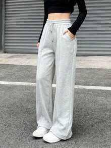 Women's Casual Everyday Commute Simple Solid Color Drawstring Waist Seam Front Loose Wide Leg Pants ,Petite Women - Grey - View 6