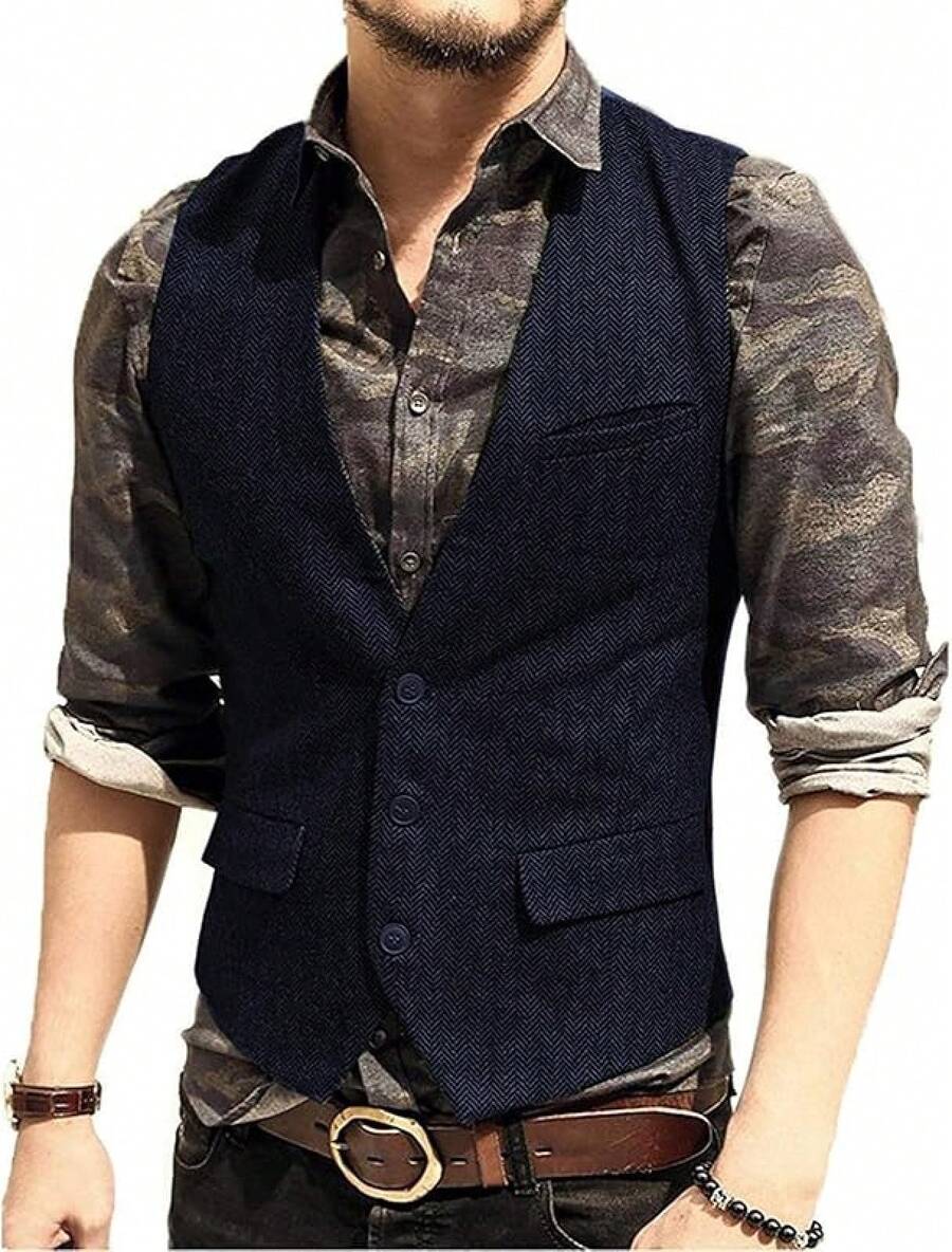 Men's Suit Vest With V-Neck - Grey - View 1