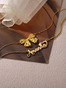 Collar de acero inoxidable minimalista de alta gama personalizado de doble capa apilable y versátil, nuevo collar creativo con lazo, collar de letra personalizado hecho a mano estilo bohemio, regalo de cumpleaños, boda, aniversario, Acción de Gracias, Navidad, Año Nuevo para mujeres - Dorado - Ver 6