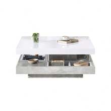 Functional Coffee Table With High-Gloss Surface, Living Room Table, 360° Rotating 2-Tier Table With Storage Drawer, White Lounge Table, Black Frame 70*70*36 - Marble + White + Particle Board - View 8