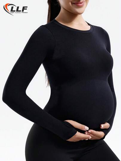 LLF Maternity Seamless Solid Color Basic Long Sleeve Activewear Top, Versatile For Casual, Workout, Yoga And More. Stretchy Fabric Gently Wraps Around Baby Bump, Shaping And Slimming. Pair With Accessories For Casual Parties, Simple Design Also Suitable For Everyday Wear