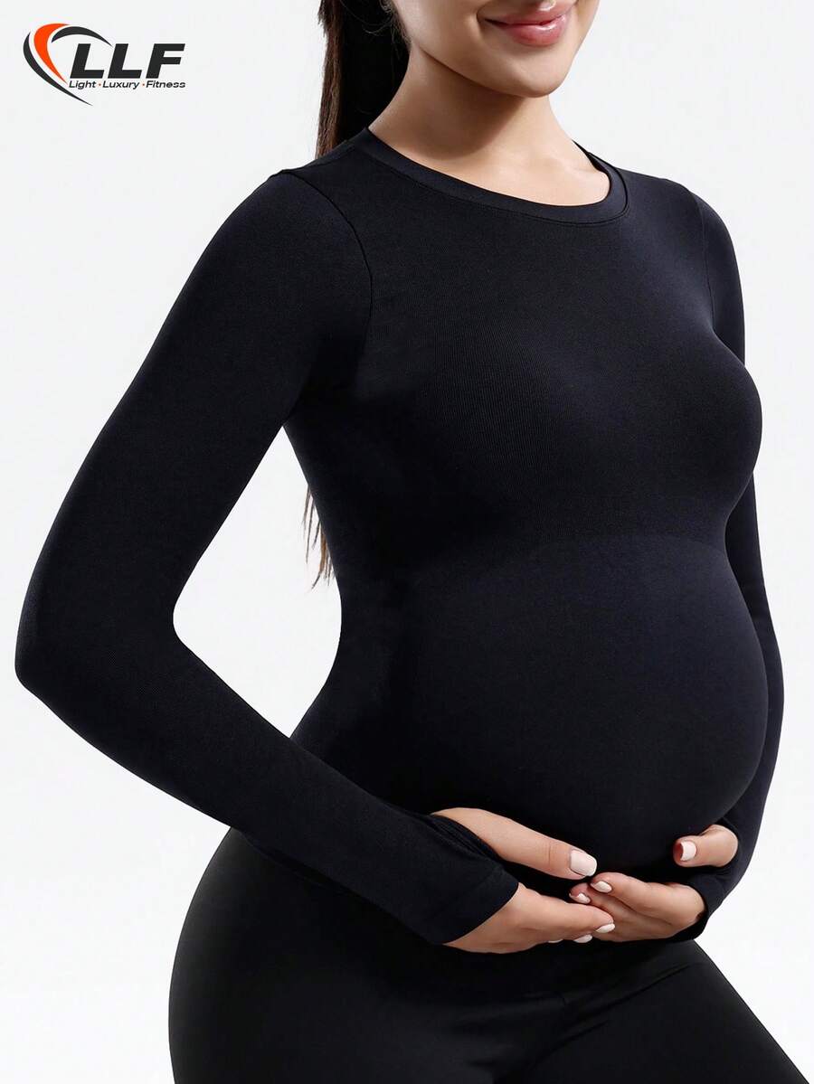 LLF Maternity Seamless Solid Color Basic Long Sleeve Activewear Top, Versatile For Casual, Workout, Yoga And More. Stretchy Fabric Gently Wraps Around Baby Bump, Shaping And Slimming. Pair With Accessories For Casual Parties, Simple Design Also Suitable For Everyday Wear