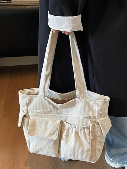Corduroy Solid Color Tote Bag, Large Capacity New Style Men's Shoulder Bag