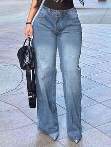 Women's Casual Loose Y2k Women's Clothing, Loose Mid Waist Straight Leg Jeans, Loose Women's Clothing, Autumn And Winter Women's Clothing, Comfortable Women's Autumn And Winter Clothing - 薄荷藍 - 查看 1