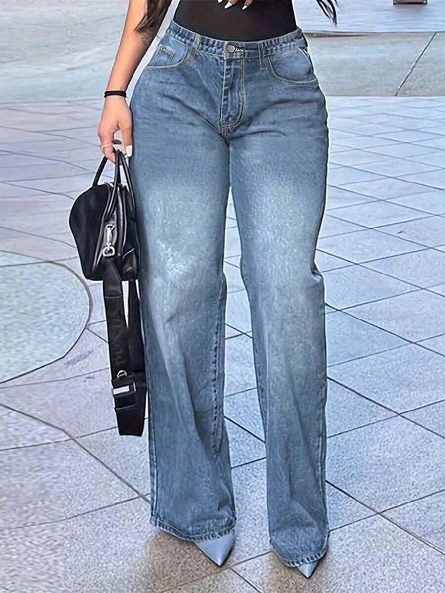 Women's Casual Loose Y2k Women's Clothing, Loose Mid Waist Straight Leg Jeans, Loose Women's Clothing, Autumn And Winter Women's Clothing, Comfortable Women's Autumn And Winter Clothing - 薄荷藍 - 查看 1