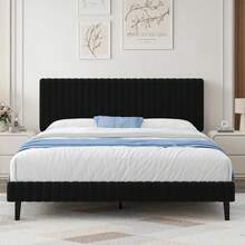 Twin Bed Frame, Velvet Upholstered Platform Bed With Vertical Channel Tufted Headboard And Footboard, Pink/ White/ Green/ Black/ Blue, Full Bed Frame/ Queen Bed Frame/ King Bed Frame ﻿ - 黑色 - 查看 13