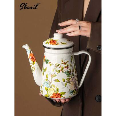 shoxil 1 Peça Cafeteira de Esmalte Vintage 1,2L, Chaleira de Despejo Manual, Bule de Chá Doméstico, Bule de Água Fria, Bule de Óleo, Bule de Chá e Café Retrô de Restaurante, Decoração de Esmalte, Cafeteira de Esmalte de Despejo Manual Espessa, Bule de Água de Esmalte, Bule de Óleo de Cozinha