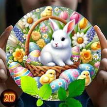 1pc Vintage Easter Bunny & Basket Theme Iron Wall Plaque, Decorative Round Metal Sign, Suitable For Home, Room, Farmhouse, Street, Shop, Garage, Bar, Garden, Cafe Decor, Pre-Drilled Holes, Style As Shown In Size Image