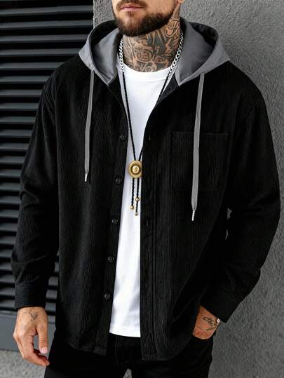 Men's Casual Fashion High-End Minimalist Corduroy Patchwork Contrast Color Full Zip Long Sleeve Shacket, Suitable For Outings, Commuting, Dates, Shopping And Other Daily Occasions, Essential Men's Shacket