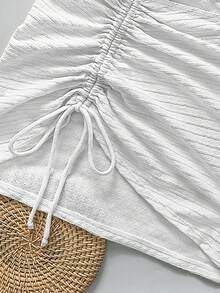 Bikinx Women's 3-Piece Vacation Set, Solid Color Textured Fabric Bikini Swimsuit, Side Drawstring Mini Skirt - Beige - View 6