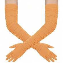 Hazhlko Women's Super Long Stretchy Ruched Mesh Tulle Sheer Gloves Costume Opera Party 1920's Dance Gloves{"Color_name":"Orange"} - 橘子 - 查看 1