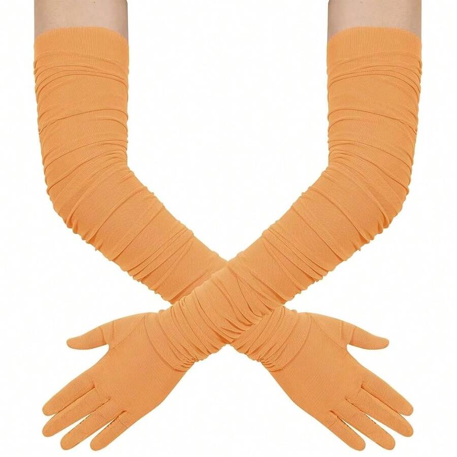 Hazhlko Women's Super Long Stretchy Ruched Mesh Tulle Sheer Gloves Costume Opera Party 1920's Dance Gloves{"Color_name":"Orange"} - 橘子 - 查看 1