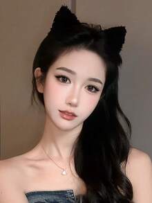 2条38厘米/14.96英寸周长黑色和棕色泰迪绒猫耳发箍，时尚百搭高端优雅简约纯色发带，适合日常、休闲、派对、通勤、海滩、发型设计等场合。 - 彩色 - 查看 3