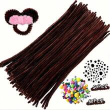 200件套完整手工入门套装：100根单色毛根、50个彩色绒球和50个不同尺寸的活动眼睛 | 适合初学者的DIY材料，可用于创意项目和节日礼物