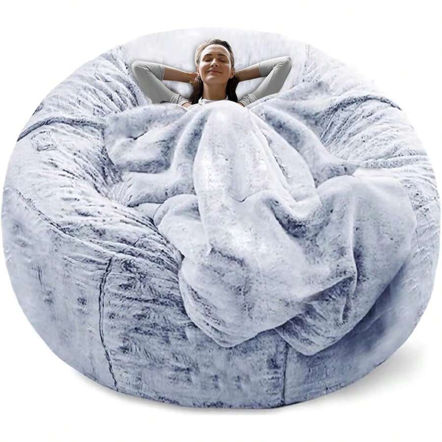 Bean Bag Chair Cover(No Filler) Soft Faux Fur Stuffed Animal Bean Bag Storage, Fluffy Plush Bean Bag Chair Cover Washable, Comfy Bean Bag Chairs For Adults - 雪藍色 - 查看 1