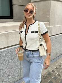 Nuevo Cárdigan de mujer de manga corta con cuello redondo y hebilla metálica, de primavera y verano, de punto, de temperamento simple, casual de vacaciones, delgado, suéter de moda de manga corta, para graduación