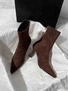 Brown One-Piece Ankle Boots With A Plain Temperament Short Boots For Women With High Heels 2025 Autumn And Winter New Versatile French Thin Heels Elastic Velvet Pointed Narrow Boots Metal Zipper At The Back - Brown - View 3