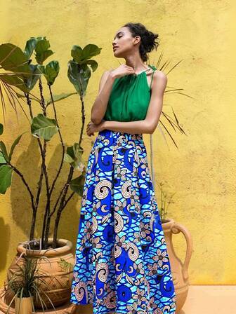 African Batik Blue Wave Print A-Line Flared Women's Extra-Long Midi Skirt For Daily Casual Vacation Gatherings