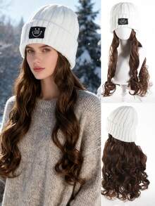 Knitted Hat Wig,White Knitted Hat,18 Inch Middle Long Body Wave Black Brown Synthetic Wig For Women Autumn And Winter Daily Use