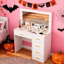 [Halloween Decorations]Vanity Desk Makeup Table Large Mirror W/ 3 Light Modes Compact Dressing Table-Touch Control Mirror, Ideal For Organizing Makeup, Skincare. Compact Vanity Furniture Fits Bedroom, Serves As Decor, Gift, Perfect Gift For Women - White - View 1