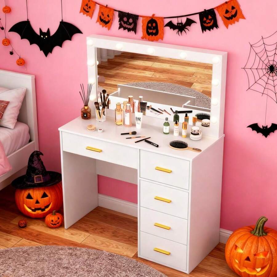[Halloween Decorations]Vanity Desk Makeup Table Large Mirror W/ 3 Light Modes Compact Dressing Table-Touch Control Mirror, Ideal For Organizing Makeup, Skincare. Compact Vanity Furniture Fits Bedroom, Serves As Decor, Gift, Perfect Gift For Women - White - View 1