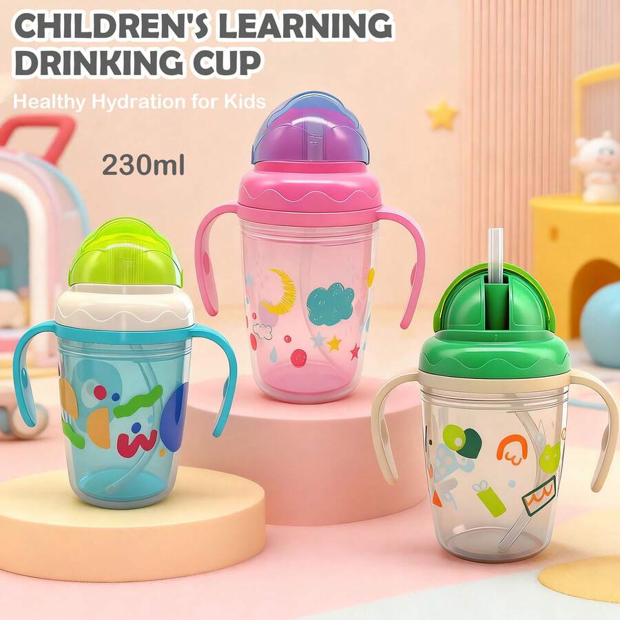 1 cốc uống nước có ống hút 200ml, cốc uống nước có ống hút bằng silicon, thân cốc hai lớp có thể tháo rời, hai tay cầm, chống trượt và chống sốc.