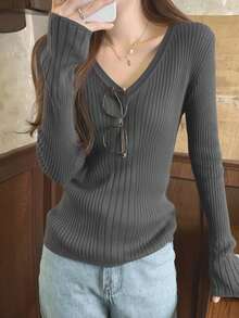 Women's V-Neck Ribbed Slim Fit Pullover Sweater, Versatile Long Sleeve Knit Top