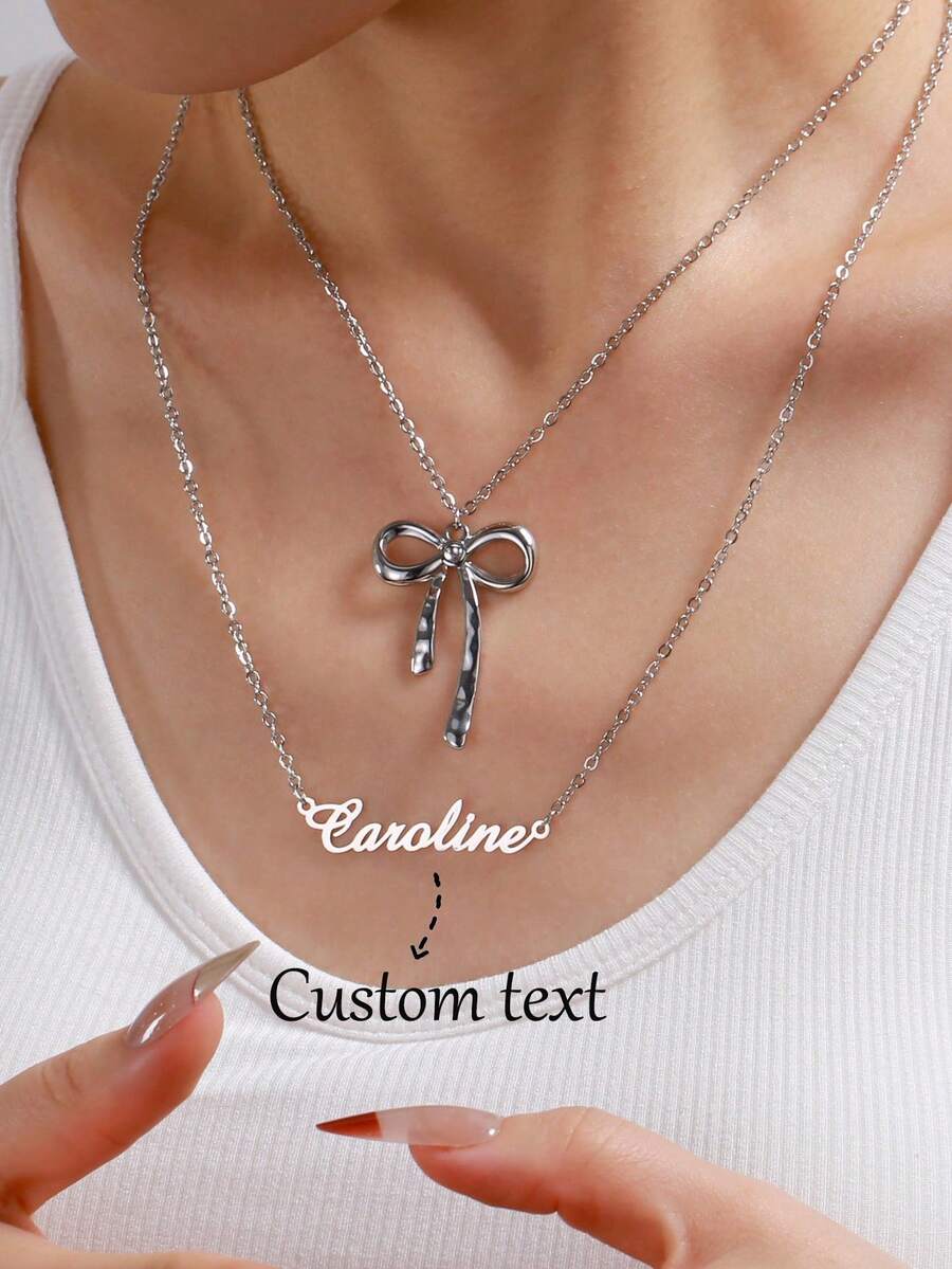 Dây chuyền tên bằng thép không gỉ hai lớp tùy chỉnh, Dây chuyền nơ sáng tạo mới, Có thể xếp chồng, Thời trang, Tối giản, Dây chuyền thủ công khắc chữ cá nhân hóa, Quà tặng sinh nhật, tiệc tùng, đám cưới, kỷ niệm, Lễ tạ ơn, Giáng sinh, năm mới cho phụ nữ