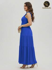 Women's Plus Size Long Dress, Three Marias Style, Elegant Evangelical Fashion, Party Dress, Sleeveless, Strapless, Ruffled, Dune - Xanh đậm - Xem 5