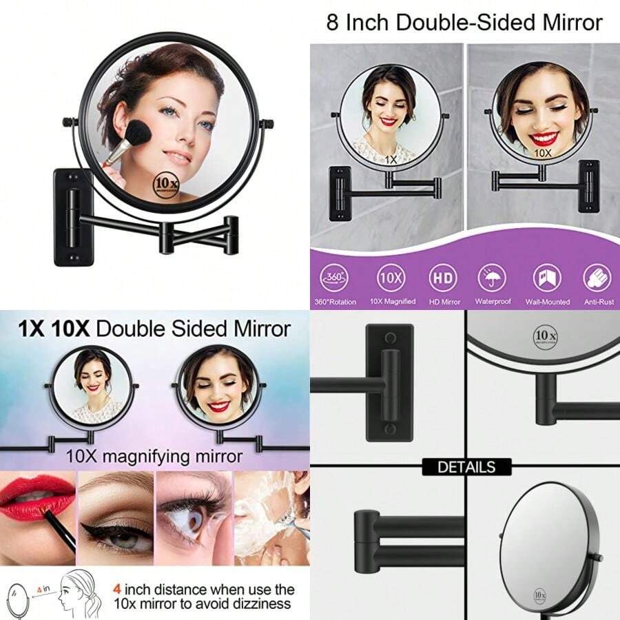Wall Mounted Magnifying Makeup Mirror With 1X 10X Magnification And Extendable Arm, 8 Inch Double Sided Vanity Mirror For Bathroom, Wall Mirror For Teen Girls, Women, Matte Black(Matte Black-No Lights) - Type1 - 查看 1