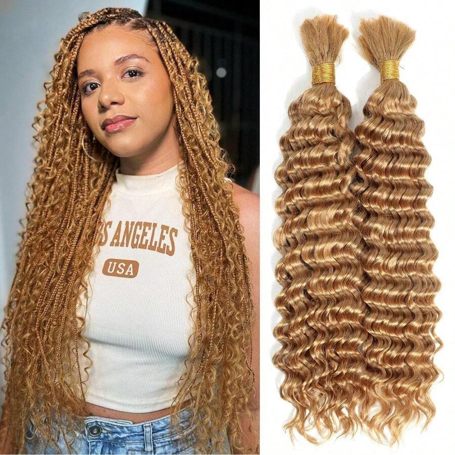 DCurly Braiding Human Hair 11A 100g 16 Inch Color 27 Honey Blonde Deep Wave Braiding Human Hair No Weft Brazilian Virgin Hair For Boho Braids - 27 - Xem 1