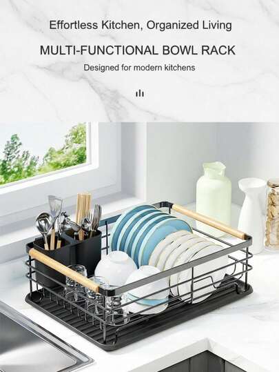 Uma bancada de cozinha branca e preta, escorredor de pratos de camada única, escorredor de pratos, escorredor de pratos multifuncional, prateleira para armazenamento de talheres, prateleira para tigelas, prateleira para armazenamento