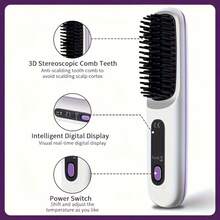 Wireless Straightening Brush, Portable Negative Ion Hair Care, LCD Display Anti-Scald Design, Ceramic Heating 3 Temperature Settings 160°C/180°C/200°C, USB Rechargeable 2000mAh Battery, Travel & Home Hair Styling Essential - White - View 8