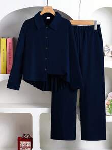 Left Mama 女童休闲百褶长袖衬衫和直筒裤套装，春秋 - 藏蓝色 - 查看 2