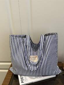 复古条纹帆布手提包，女士大容量条纹帆布手提包 - 时尚单肩包，适合旅行和购物，亮红色和白色条纹，大容量，百搭，可水洗 - 无扣，日常手提包，休闲日常手提包，沙滩包，办公包 - 彩色 - 查看 15