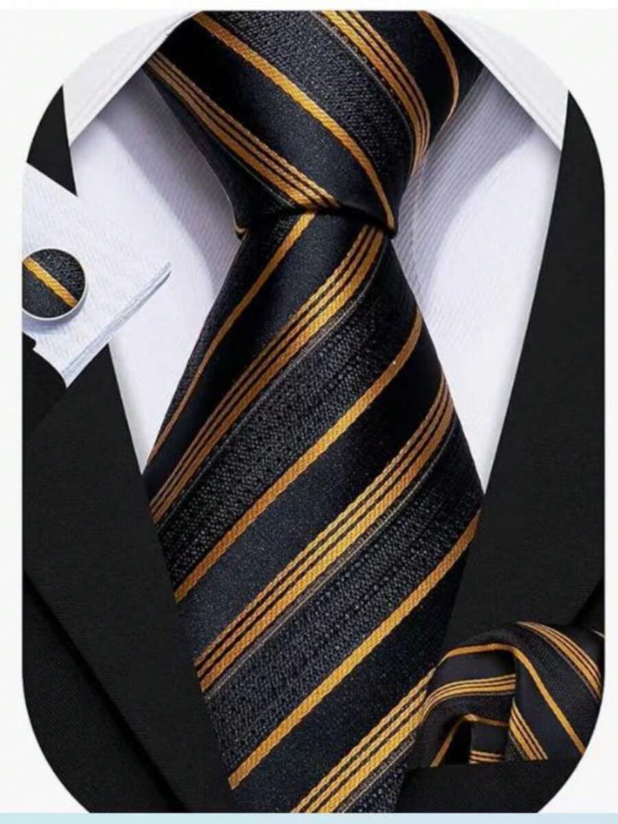 男士领带套装，经典时尚领带套装，含袖扣，商务派对适用 - 金色 - 查看 1