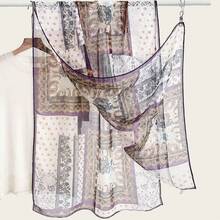 Écharpe longue en soie à carreaux argentés, imprimé rétro personnalisé,âle décoratif polyvalent haut de gamme, écharpe longue respirante pour femme