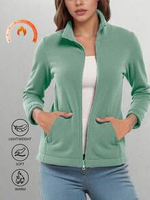 Women's Autumn/Winter Solid Color Fleece Jacket, Lambswool Double-Sided Coral Fleece Zipper Coat, Built-In Pockets, Zipper Pockets, Simple And Sports - Mint Green - View 3