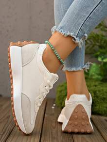 Women's Lightweight Running Sneakers - Lace-Up Closure, Multi-Functional Flat Sole, Breathable Fabric & Faux Leather Material - Beige - View 4