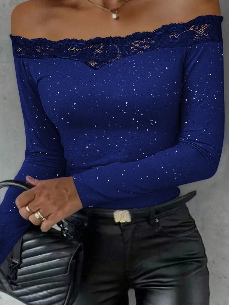 Elegantes romantisches Damen Oberteil mit einem Schulterausschnitt, Langarm, Spitzeneinsätzen und Glitzer für festliche Anlässe