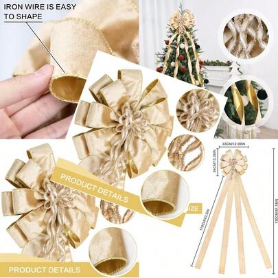 Velvet Christmas Tree Topper Gold 48x12 Inch Christmas Bow Tree Topper For Xmas Tree Decorations For Xmas Ornaments Holiday Home Indoor/Outdoor Wedding Thanksgiving Decor.