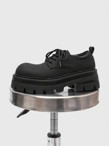 男士厚底圆头德比鞋 - 系带哑光深色乐福鞋，时尚复古正式礼服鞋和婚礼礼服鞋 - 黑色 - 查看 2