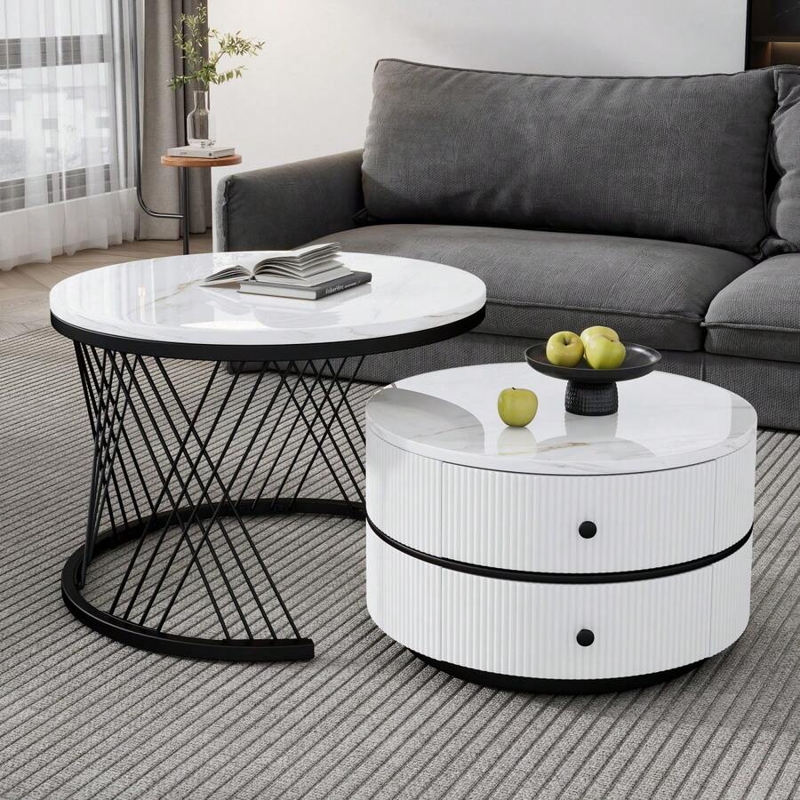 Elegant Set Of 2 White Coffee Tables, 60*60*46cm And 50*50*31cm, Round Tables With High Gloss Dermol Look, 2 Drawers, Load Capacity Up To 30kg, Combination Of Nestable Coffee Tables. - White + MDF - View 1