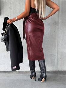 Punk Style Split Lace-Up High Waist Sexy Bodycon Skirt - Burgundy - View 2